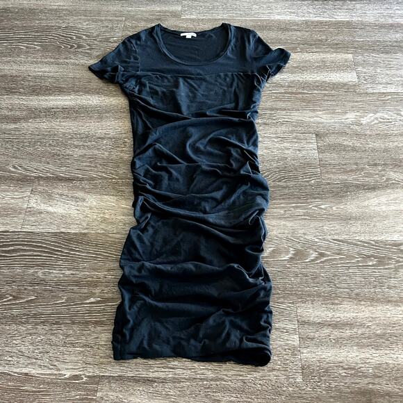 James Perse Black Ruched T-Shirt Midi Dress Women’s Size Large 3 Cotton Stretch - Picture 3 of 16